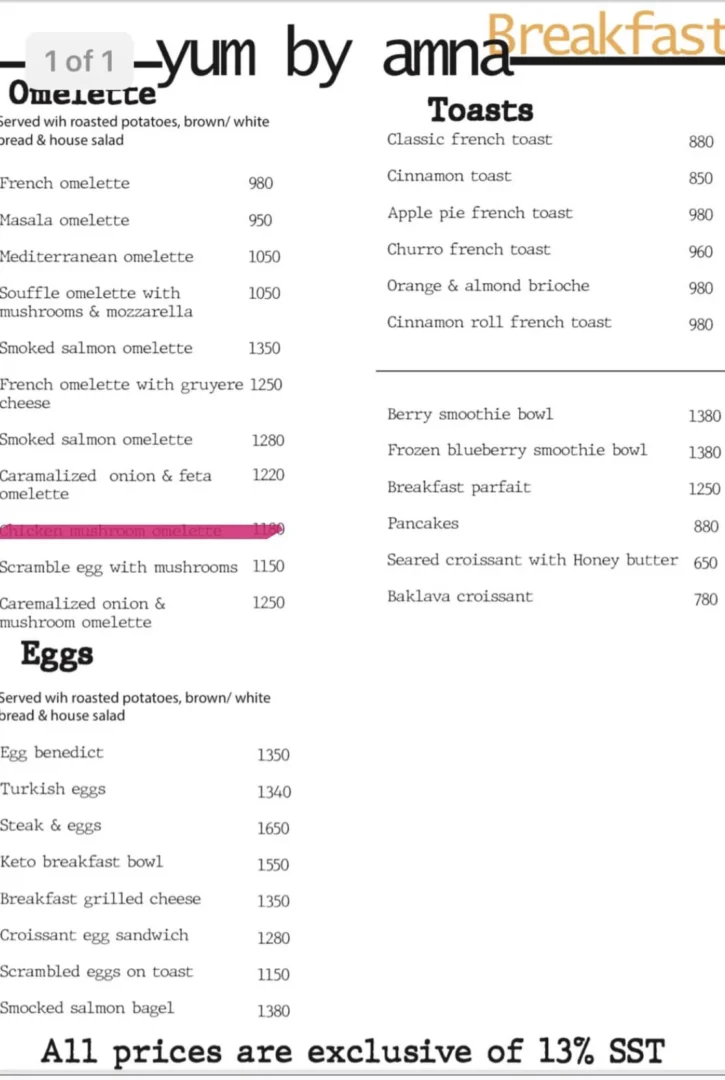 Yum By Amna Breakfast Menu