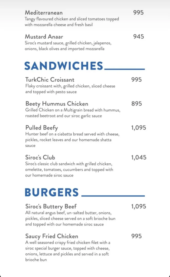 siroc sandwiches menu