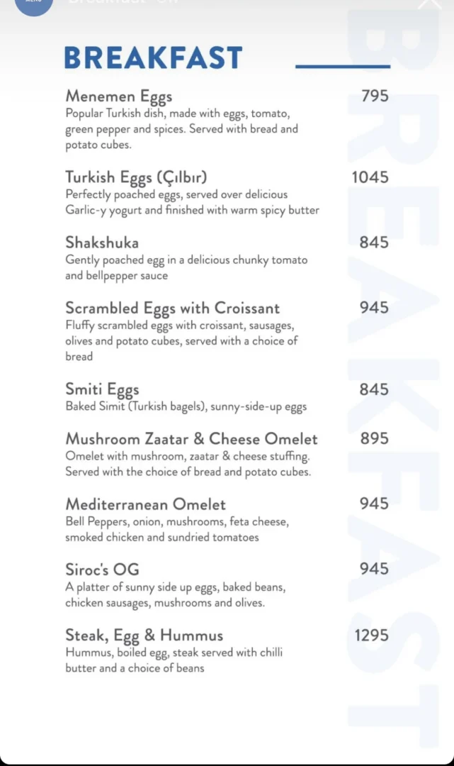 Siroc breakfast menu 2
