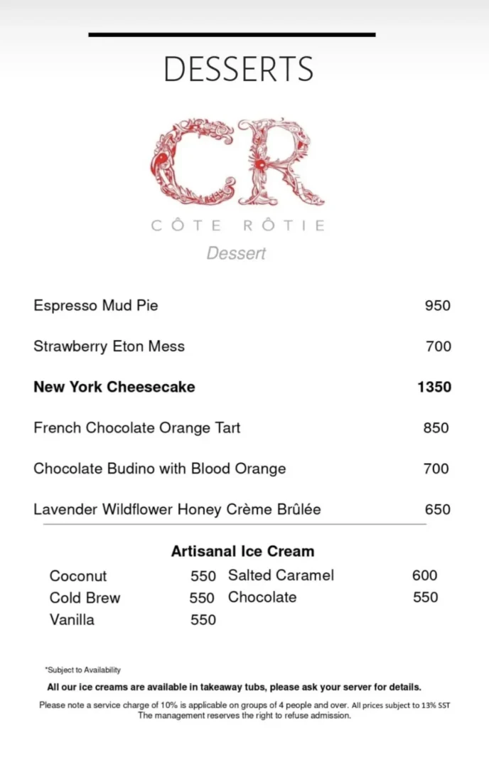 The list of desserts with prices at the cafe