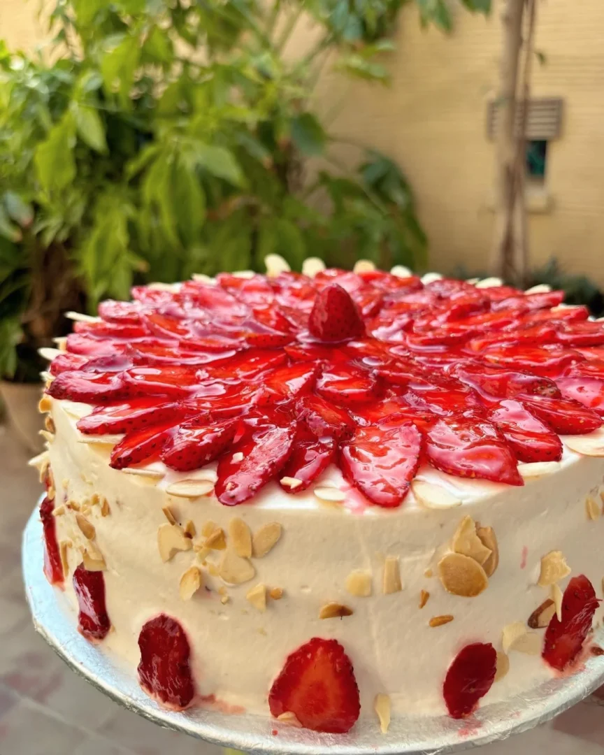 strawberry and almond cake in Karachi by Mahrukh's Kitchen