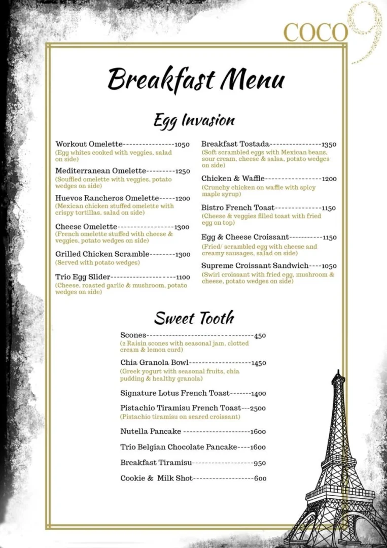 Coco9 Breakfast Menu Page 1