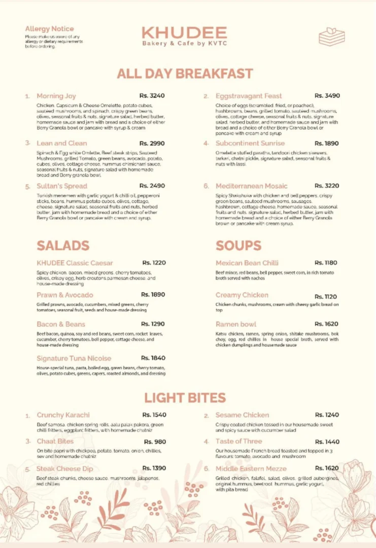 Khudee Cafe Menu Page 1